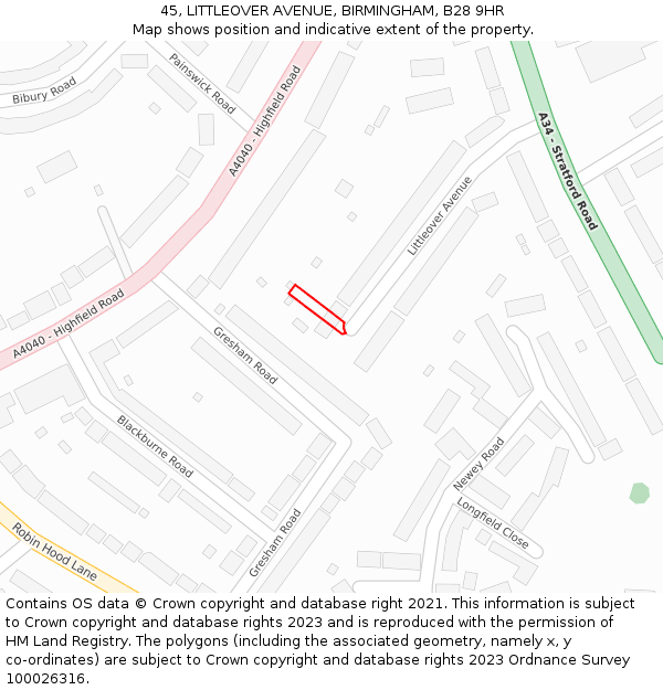 45, LITTLEOVER AVENUE, BIRMINGHAM, B28 9HR: Location map and indicative extent of plot