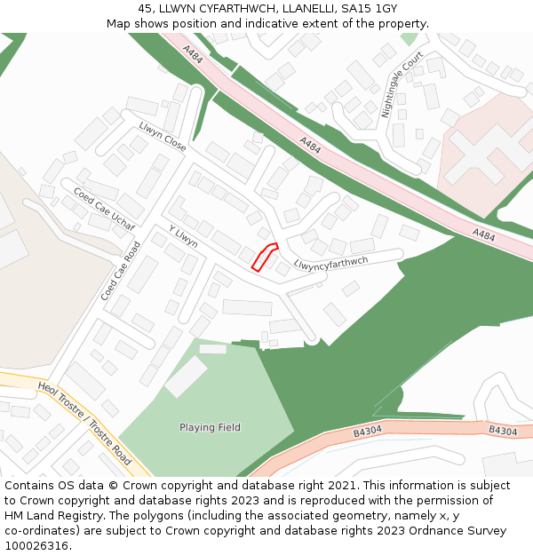 45, LLWYN CYFARTHWCH, LLANELLI, SA15 1GY: Location map and indicative extent of plot