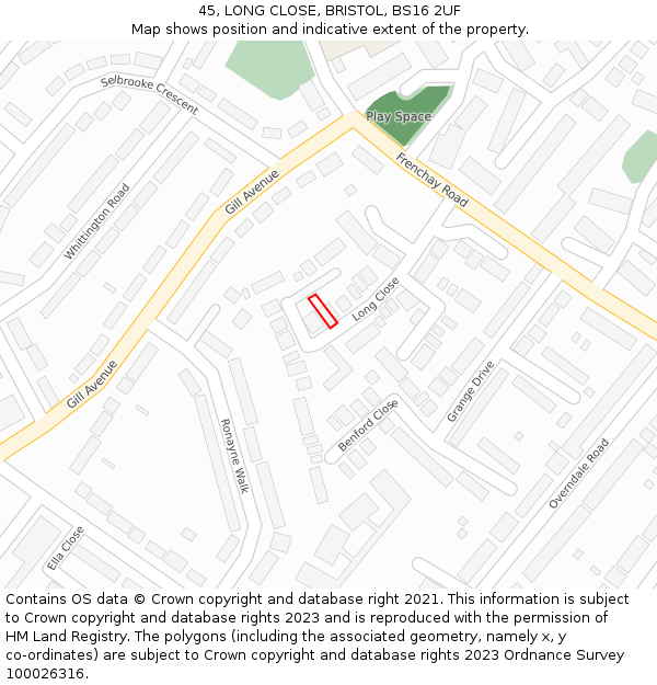 45, LONG CLOSE, BRISTOL, BS16 2UF: Location map and indicative extent of plot