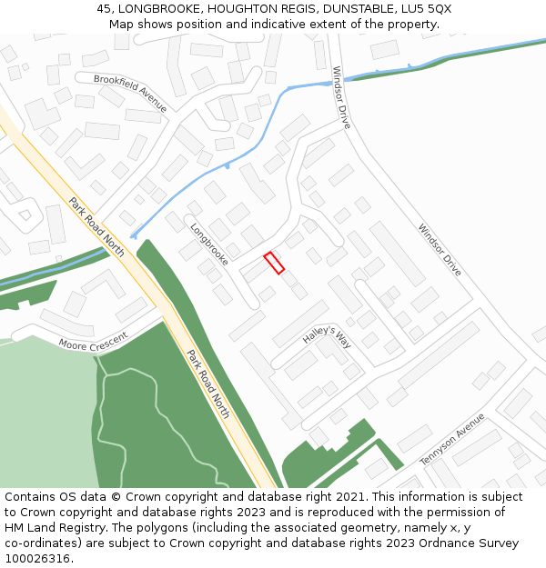 45, LONGBROOKE, HOUGHTON REGIS, DUNSTABLE, LU5 5QX: Location map and indicative extent of plot