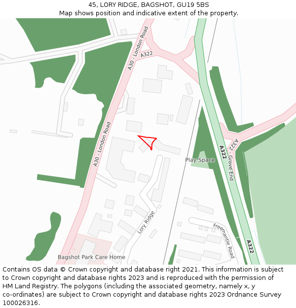 45, LORY RIDGE, BAGSHOT, GU19 5BS: Location map and indicative extent of plot