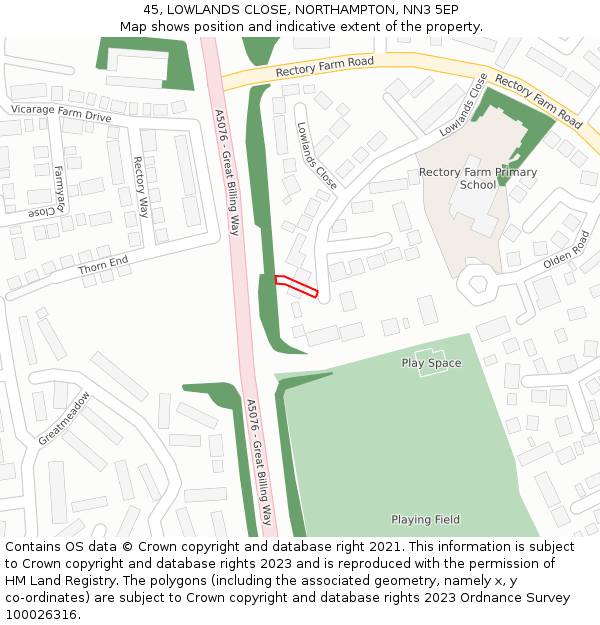 45, LOWLANDS CLOSE, NORTHAMPTON, NN3 5EP: Location map and indicative extent of plot