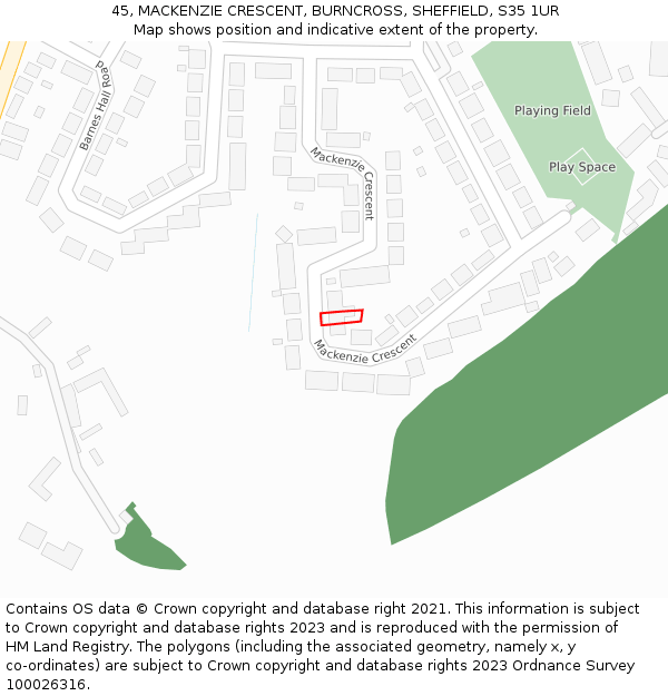 45, MACKENZIE CRESCENT, BURNCROSS, SHEFFIELD, S35 1UR: Location map and indicative extent of plot
