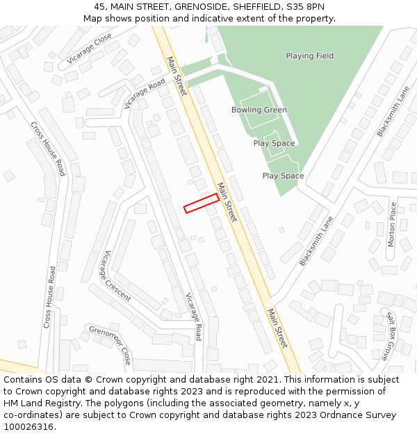 45, MAIN STREET, GRENOSIDE, SHEFFIELD, S35 8PN: Location map and indicative extent of plot
