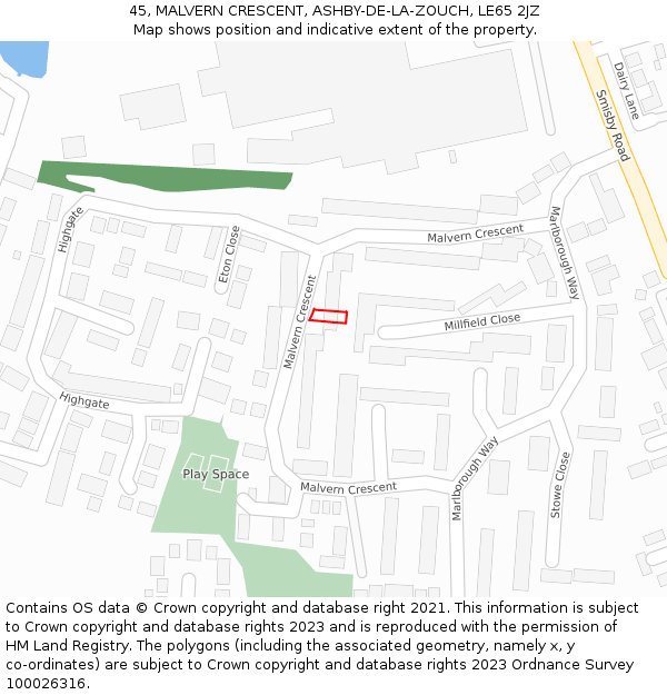 45, MALVERN CRESCENT, ASHBY-DE-LA-ZOUCH, LE65 2JZ: Location map and indicative extent of plot