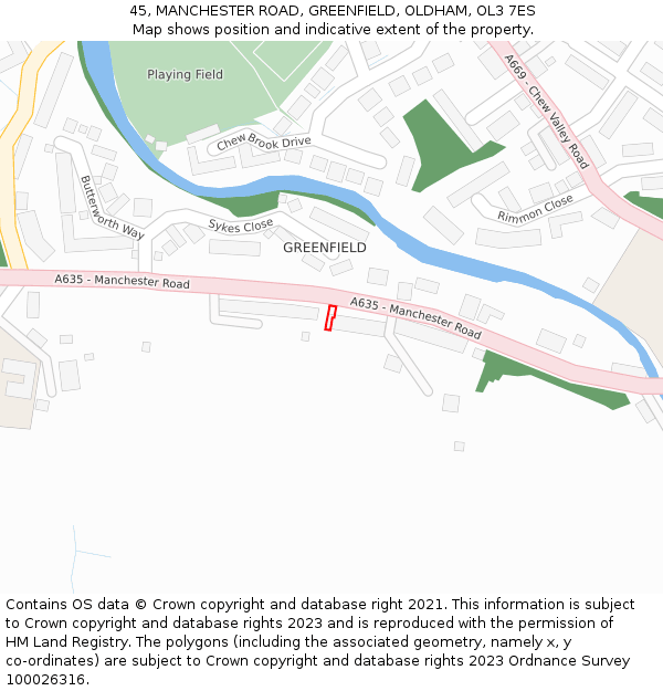 45, MANCHESTER ROAD, GREENFIELD, OLDHAM, OL3 7ES: Location map and indicative extent of plot