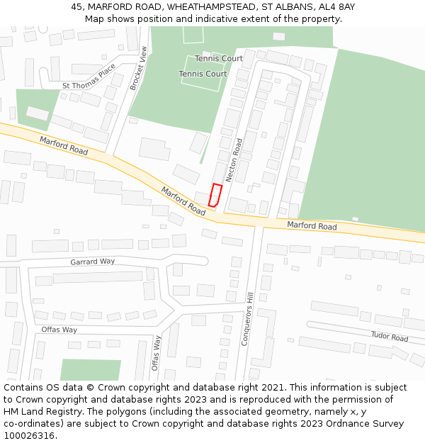 45, MARFORD ROAD, WHEATHAMPSTEAD, ST ALBANS, AL4 8AY: Location map and indicative extent of plot