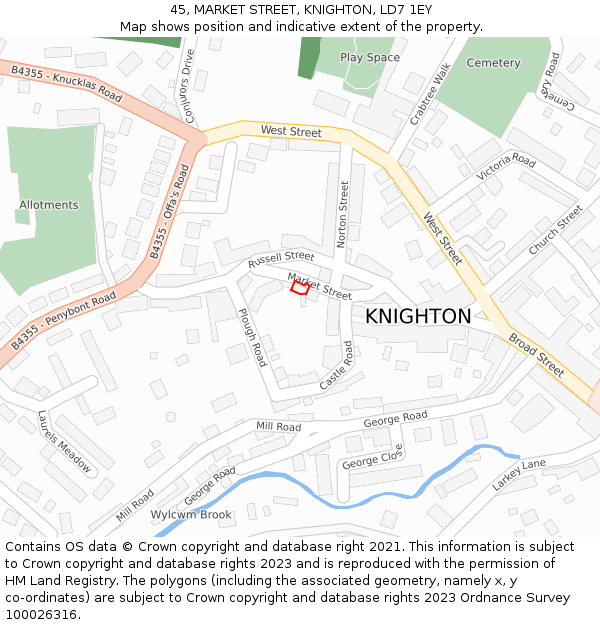 45, MARKET STREET, KNIGHTON, LD7 1EY: Location map and indicative extent of plot