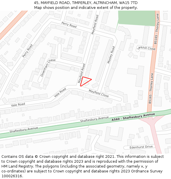 45, MAYFIELD ROAD, TIMPERLEY, ALTRINCHAM, WA15 7TD: Location map and indicative extent of plot