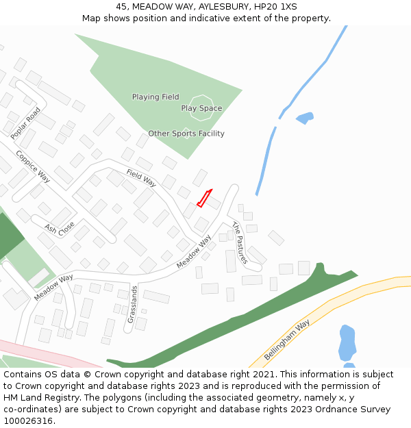 45, MEADOW WAY, AYLESBURY, HP20 1XS: Location map and indicative extent of plot