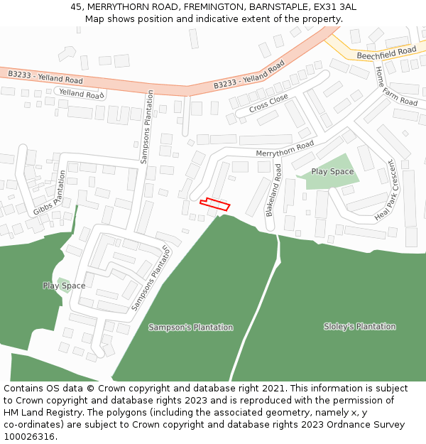 45, MERRYTHORN ROAD, FREMINGTON, BARNSTAPLE, EX31 3AL: Location map and indicative extent of plot