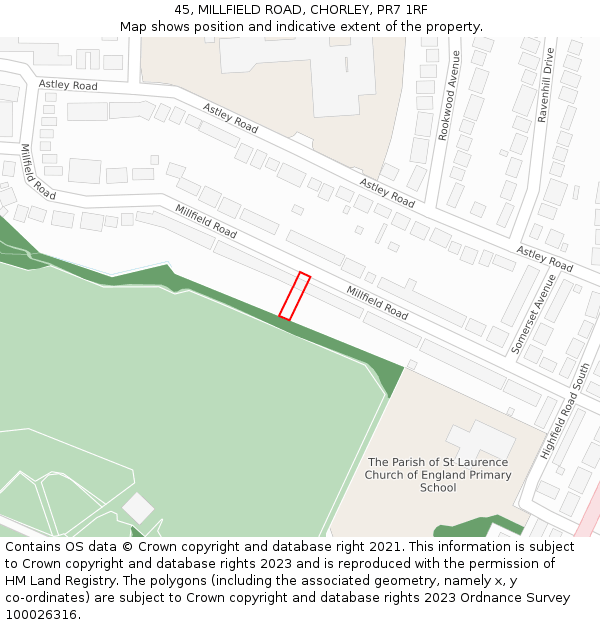 45, MILLFIELD ROAD, CHORLEY, PR7 1RF: Location map and indicative extent of plot