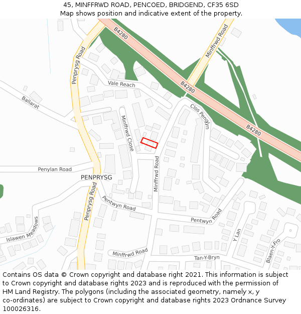 45, MINFFRWD ROAD, PENCOED, BRIDGEND, CF35 6SD: Location map and indicative extent of plot