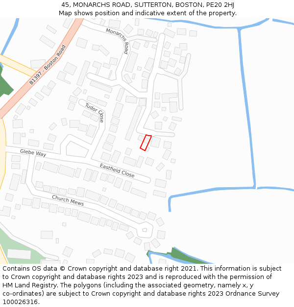 45, MONARCHS ROAD, SUTTERTON, BOSTON, PE20 2HJ: Location map and indicative extent of plot