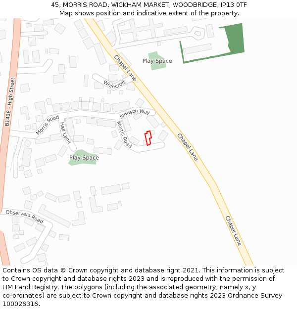 45, MORRIS ROAD, WICKHAM MARKET, WOODBRIDGE, IP13 0TF: Location map and indicative extent of plot