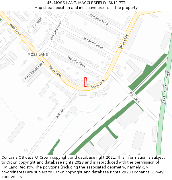 45, MOSS LANE, MACCLESFIELD, SK11 7TT: Location map and indicative extent of plot