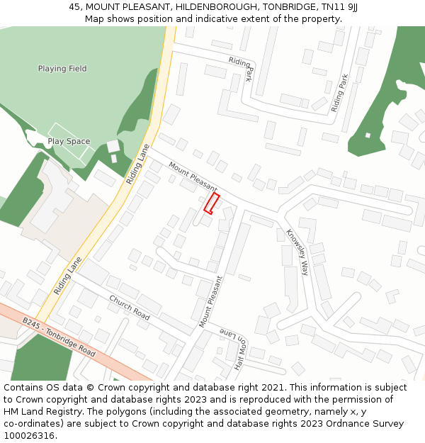 45, MOUNT PLEASANT, HILDENBOROUGH, TONBRIDGE, TN11 9JJ: Location map and indicative extent of plot