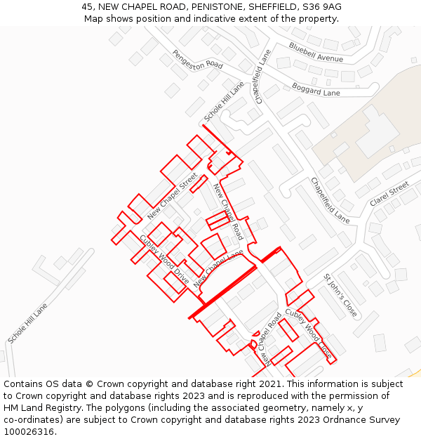 45, NEW CHAPEL ROAD, PENISTONE, SHEFFIELD, S36 9AG: Location map and indicative extent of plot