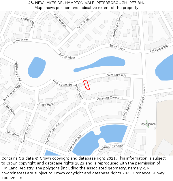 45, NEW LAKESIDE, HAMPTON VALE, PETERBOROUGH, PE7 8HU: Location map and indicative extent of plot