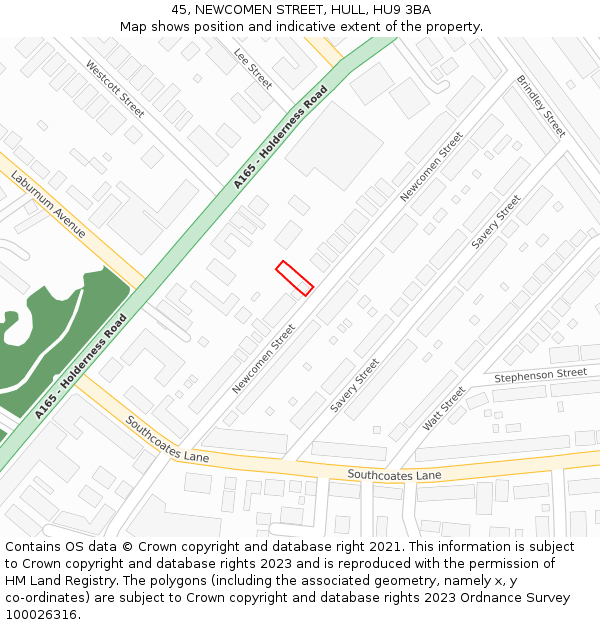 45, NEWCOMEN STREET, HULL, HU9 3BA: Location map and indicative extent of plot