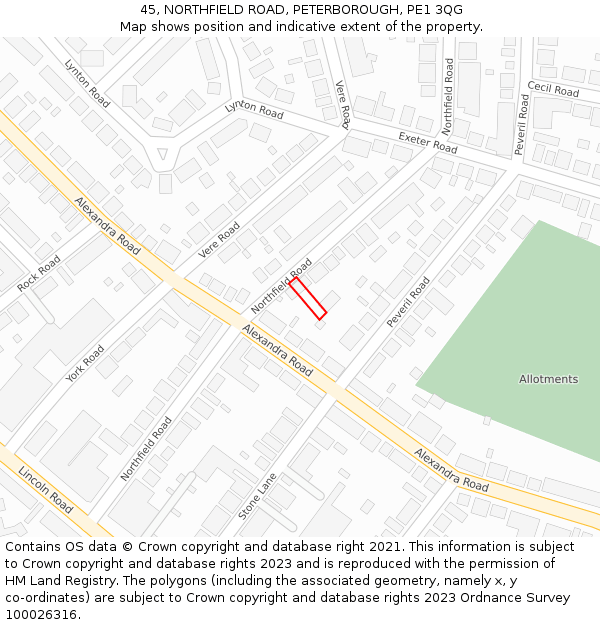 45, NORTHFIELD ROAD, PETERBOROUGH, PE1 3QG: Location map and indicative extent of plot