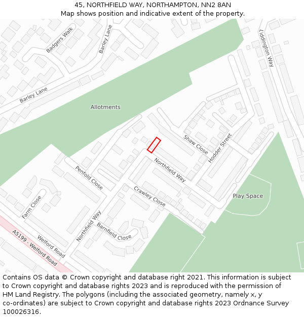 45, NORTHFIELD WAY, NORTHAMPTON, NN2 8AN: Location map and indicative extent of plot