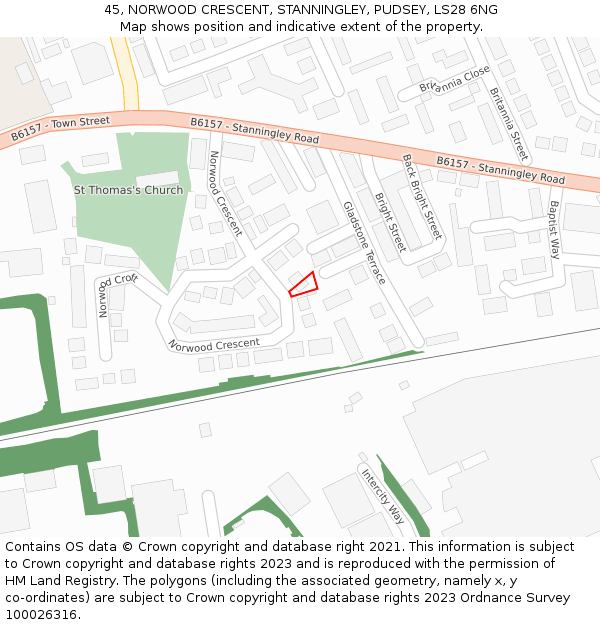 45, NORWOOD CRESCENT, STANNINGLEY, PUDSEY, LS28 6NG: Location map and indicative extent of plot