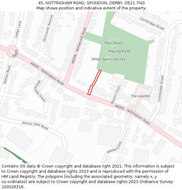 45, NOTTINGHAM ROAD, SPONDON, DERBY, DE21 7NG: Location map and indicative extent of plot