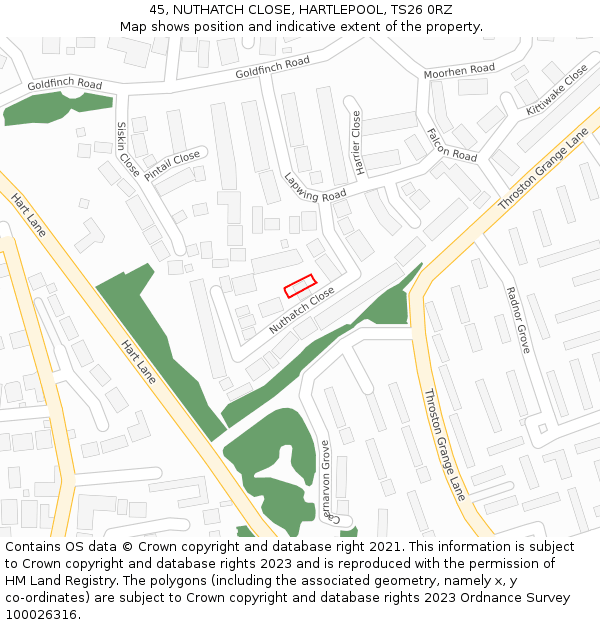 45, NUTHATCH CLOSE, HARTLEPOOL, TS26 0RZ: Location map and indicative extent of plot