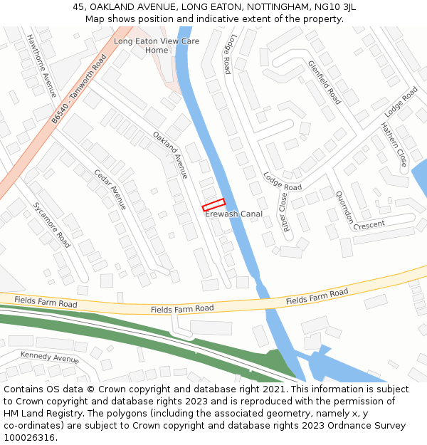 45, OAKLAND AVENUE, LONG EATON, NOTTINGHAM, NG10 3JL: Location map and indicative extent of plot
