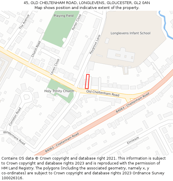 45, OLD CHELTENHAM ROAD, LONGLEVENS, GLOUCESTER, GL2 0AN: Location map and indicative extent of plot