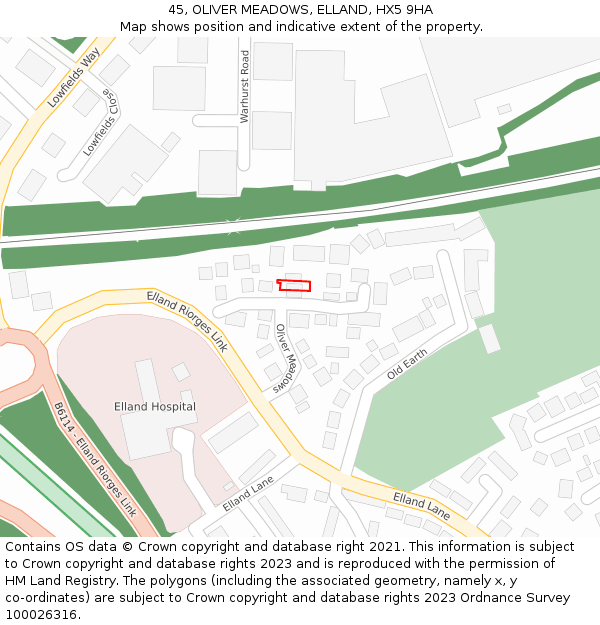 45, OLIVER MEADOWS, ELLAND, HX5 9HA: Location map and indicative extent of plot