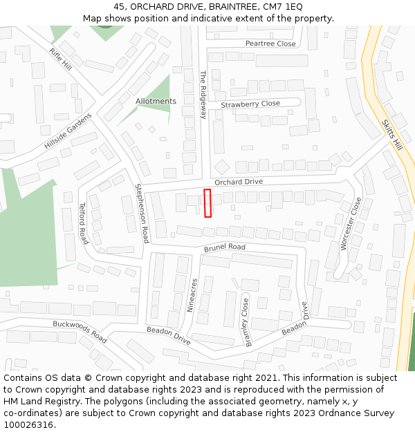 45, ORCHARD DRIVE, BRAINTREE, CM7 1EQ: Location map and indicative extent of plot