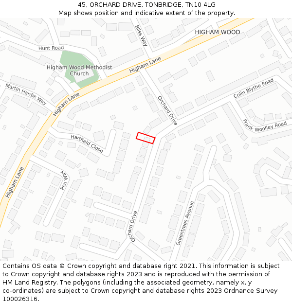 45, ORCHARD DRIVE, TONBRIDGE, TN10 4LG: Location map and indicative extent of plot