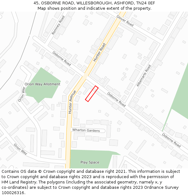 45, OSBORNE ROAD, WILLESBOROUGH, ASHFORD, TN24 0EF: Location map and indicative extent of plot