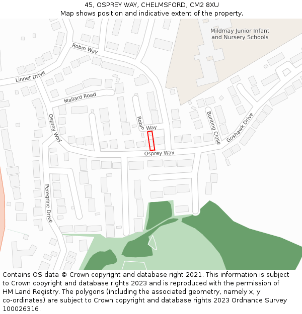 45, OSPREY WAY, CHELMSFORD, CM2 8XU: Location map and indicative extent of plot