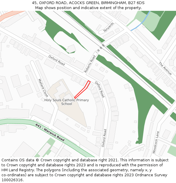 45, OXFORD ROAD, ACOCKS GREEN, BIRMINGHAM, B27 6DS: Location map and indicative extent of plot