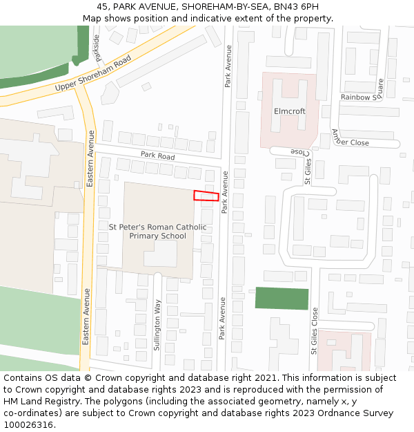 45, PARK AVENUE, SHOREHAM-BY-SEA, BN43 6PH: Location map and indicative extent of plot