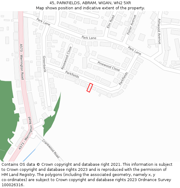 45, PARKFIELDS, ABRAM, WIGAN, WN2 5XR: Location map and indicative extent of plot