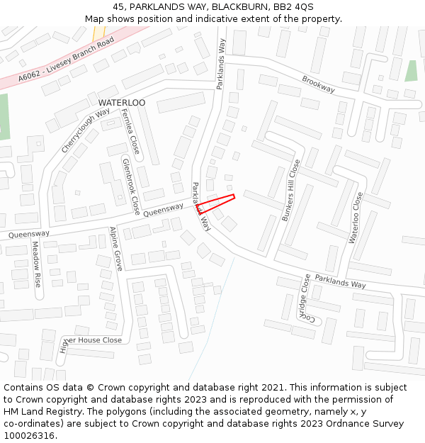 45, PARKLANDS WAY, BLACKBURN, BB2 4QS: Location map and indicative extent of plot