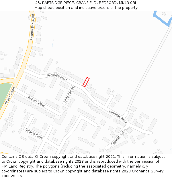 45, PARTRIDGE PIECE, CRANFIELD, BEDFORD, MK43 0BL: Location map and indicative extent of plot