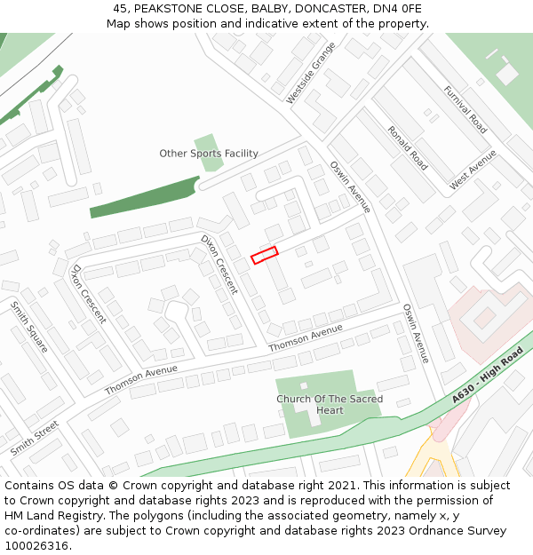 45, PEAKSTONE CLOSE, BALBY, DONCASTER, DN4 0FE: Location map and indicative extent of plot
