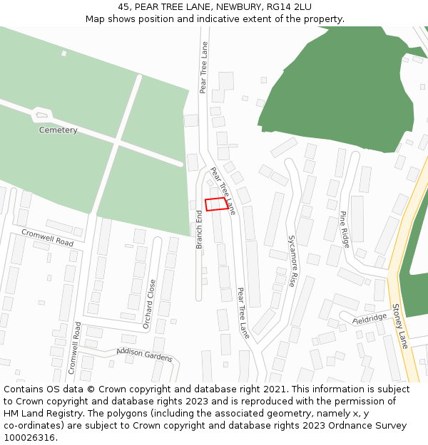 45, PEAR TREE LANE, NEWBURY, RG14 2LU: Location map and indicative extent of plot