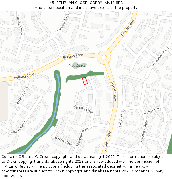 45, PENRHYN CLOSE, CORBY, NN18 8PR: Location map and indicative extent of plot
