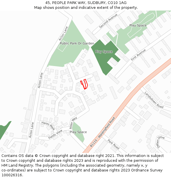 45, PEOPLE PARK WAY, SUDBURY, CO10 1AG: Location map and indicative extent of plot
