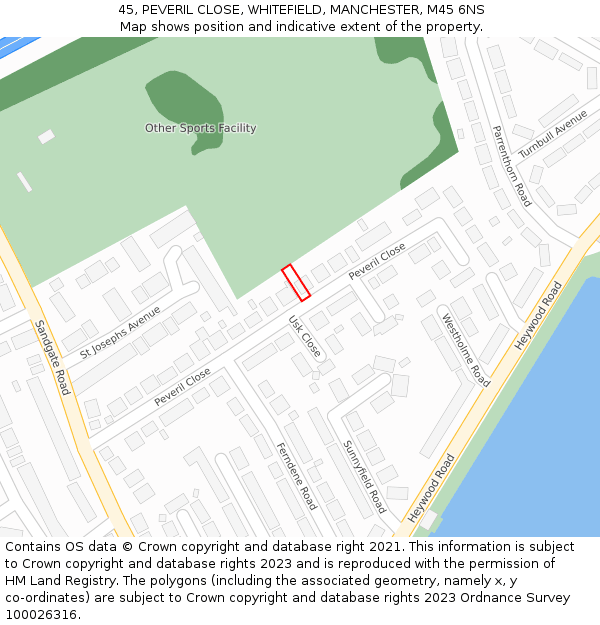 45, PEVERIL CLOSE, WHITEFIELD, MANCHESTER, M45 6NS: Location map and indicative extent of plot
