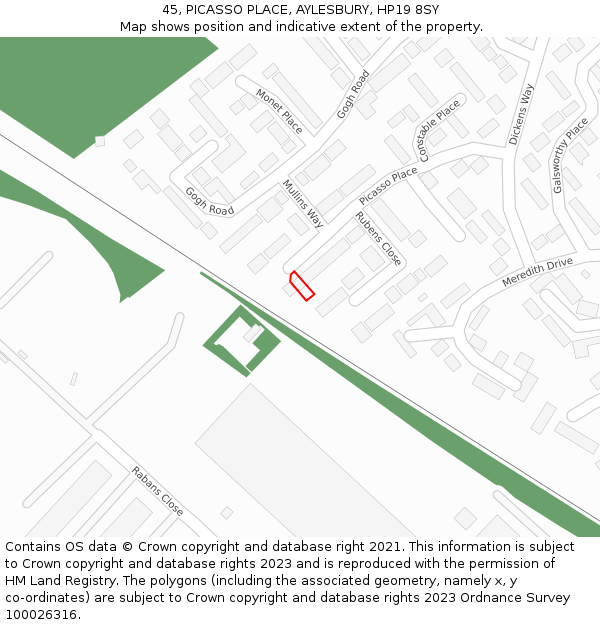 45, PICASSO PLACE, AYLESBURY, HP19 8SY: Location map and indicative extent of plot