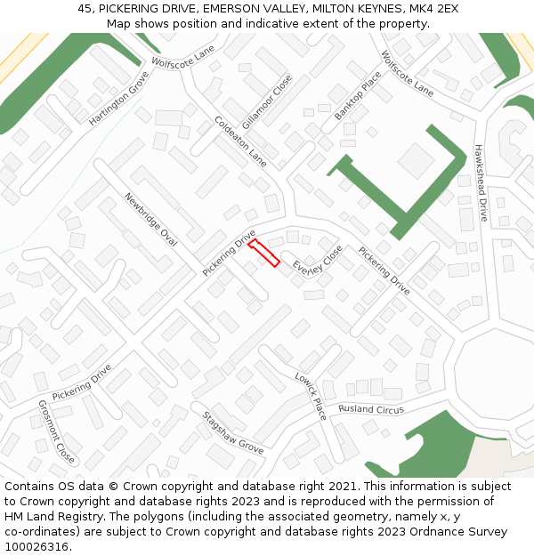 45, PICKERING DRIVE, EMERSON VALLEY, MILTON KEYNES, MK4 2EX: Location map and indicative extent of plot