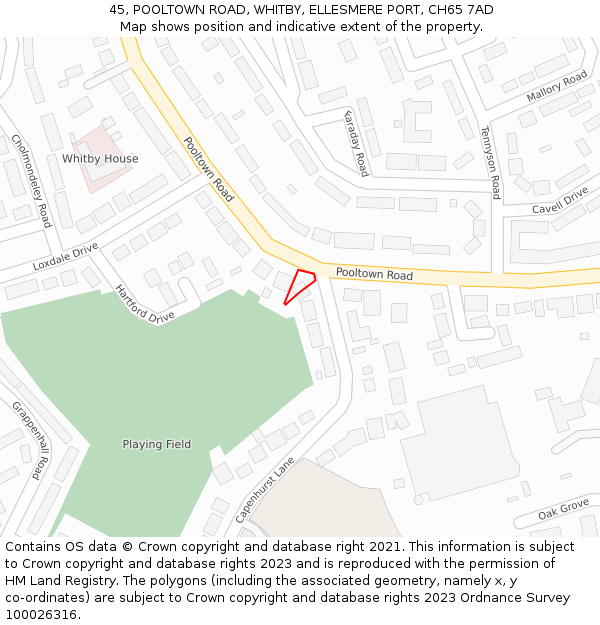 45, POOLTOWN ROAD, WHITBY, ELLESMERE PORT, CH65 7AD: Location map and indicative extent of plot