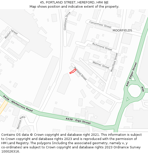 45, PORTLAND STREET, HEREFORD, HR4 9JE: Location map and indicative extent of plot